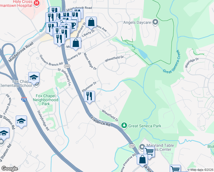 map of restaurants, bars, coffee shops, grocery stores, and more near 11306 Willowdale Drive in Germantown