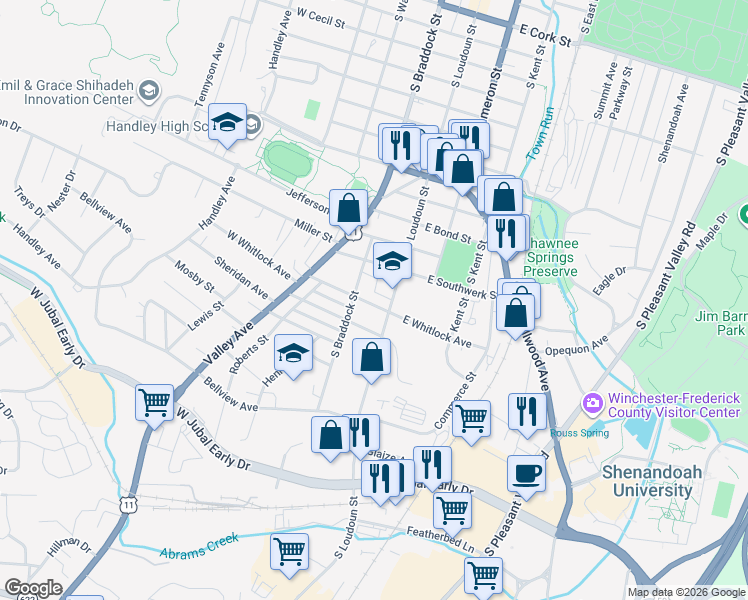 map of restaurants, bars, coffee shops, grocery stores, and more near 18 West Whitlock Avenue in Winchester