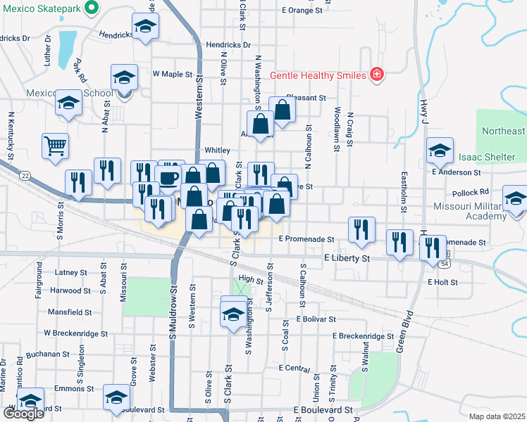 map of restaurants, bars, coffee shops, grocery stores, and more near 101 North Jefferson Street in Mexico