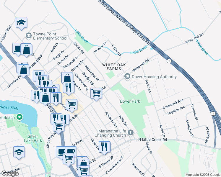 map of restaurants, bars, coffee shops, grocery stores, and more near 1200 White Oak Road in Dover