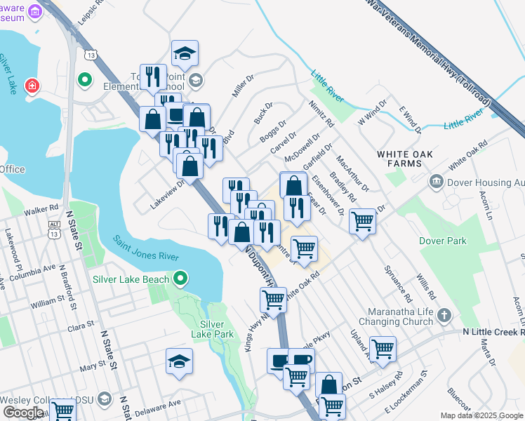 map of restaurants, bars, coffee shops, grocery stores, and more near 299 North Dupont Highway in Dover