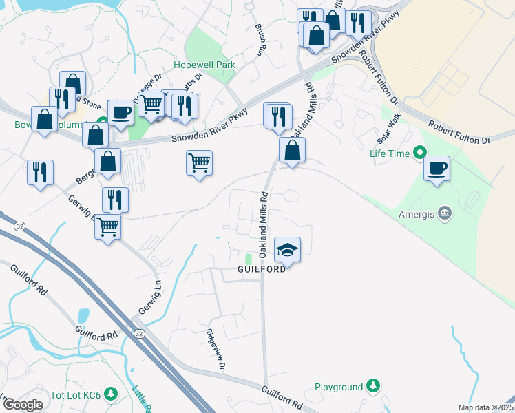 map of restaurants, bars, coffee shops, grocery stores, and more near 9218 Connell Court in Columbia