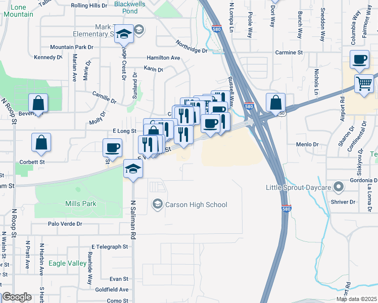 map of restaurants, bars, coffee shops, grocery stores, and more near 1991 East William Street in Carson City