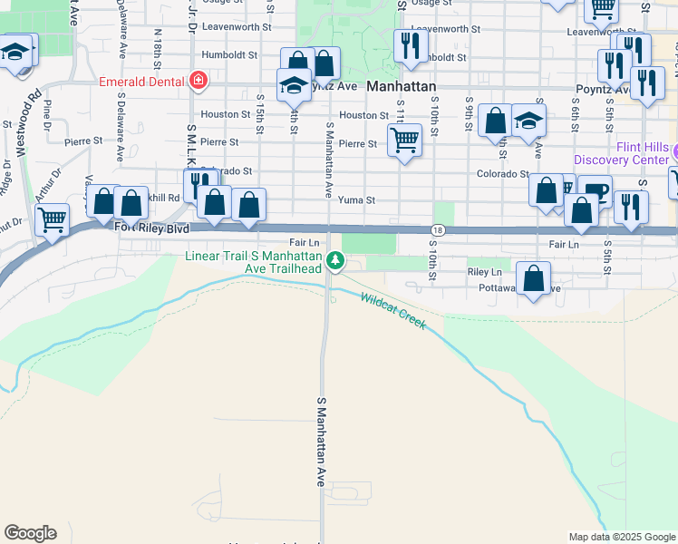 map of restaurants, bars, coffee shops, grocery stores, and more near Linear Trail in Manhattan