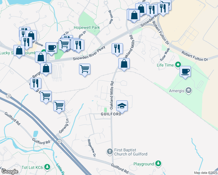 map of restaurants, bars, coffee shops, grocery stores, and more near 9218 Connell Court in Columbia