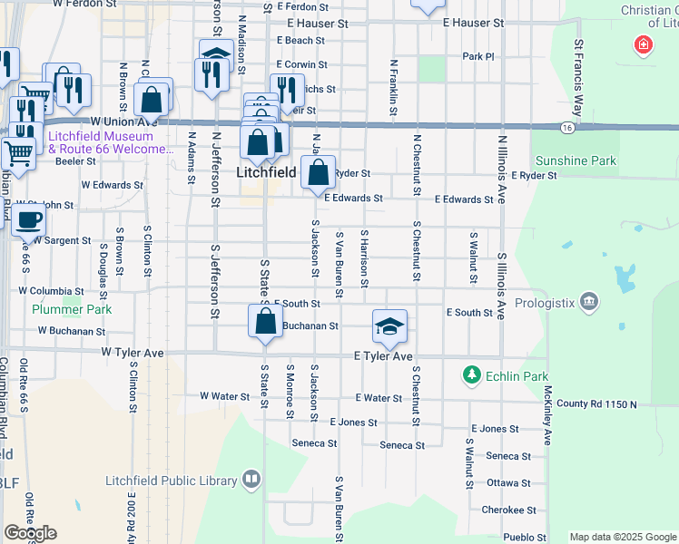 map of restaurants, bars, coffee shops, grocery stores, and more near 424 South Van Buren Street in Litchfield