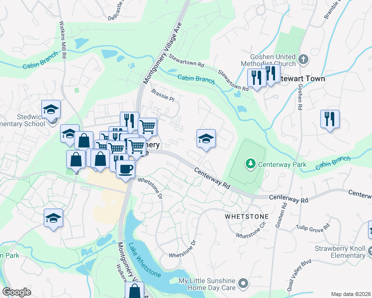 map of restaurants, bars, coffee shops, grocery stores, and more near 9650 Kanfer Court in Gaithersburg