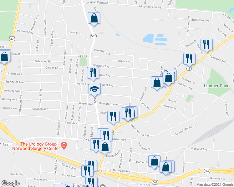 map of restaurants, bars, coffee shops, grocery stores, and more near 2222 Drex Avenue in Cincinnati