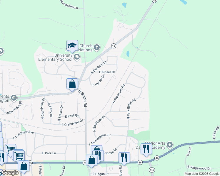 map of restaurants, bars, coffee shops, grocery stores, and more near 4225 East Stephens Drive in Bloomington