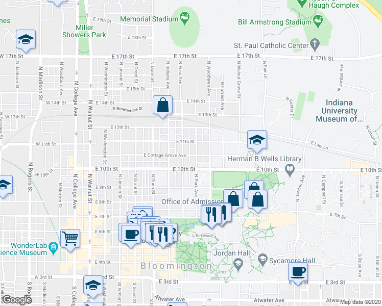 map of restaurants, bars, coffee shops, grocery stores, and more near 803 East Cottage Grove Avenue in Bloomington