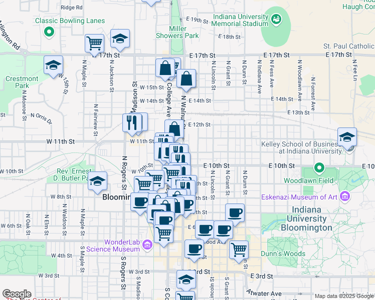 map of restaurants, bars, coffee shops, grocery stores, and more near 620 North Walnut Street in Bloomington