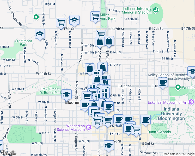 map of restaurants, bars, coffee shops, grocery stores, and more near 629 North College Avenue in Bloomington