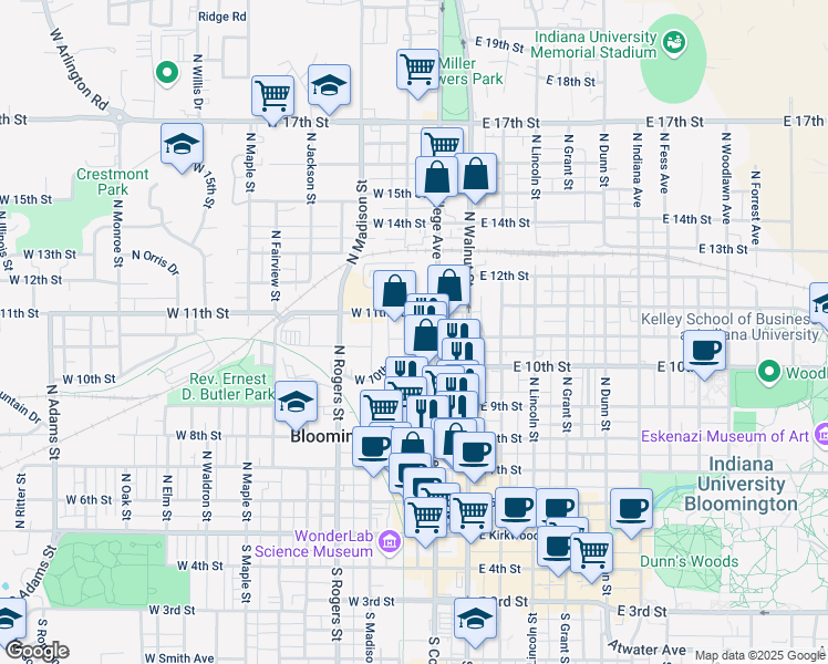 map of restaurants, bars, coffee shops, grocery stores, and more near 629 North College Avenue in Bloomington