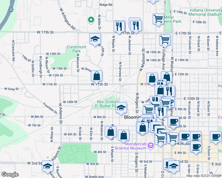 map of restaurants, bars, coffee shops, grocery stores, and more near 633 North Maple Street in Bloomington