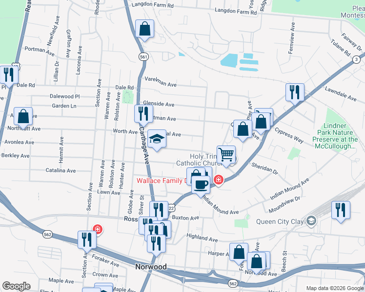 map of restaurants, bars, coffee shops, grocery stores, and more near 2222 Drex Avenue in Cincinnati