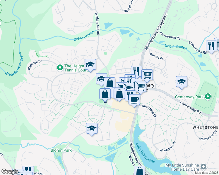 map of restaurants, bars, coffee shops, grocery stores, and more near 19277 Watkins Mill Road in Montgomery Village