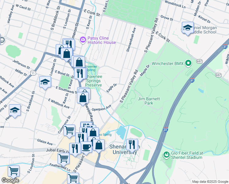 map of restaurants, bars, coffee shops, grocery stores, and more near 605 Opequon Court in Winchester