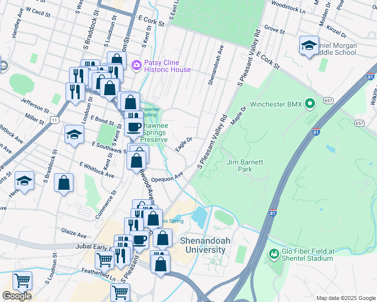 map of restaurants, bars, coffee shops, grocery stores, and more near 605 Opequon Court in Winchester