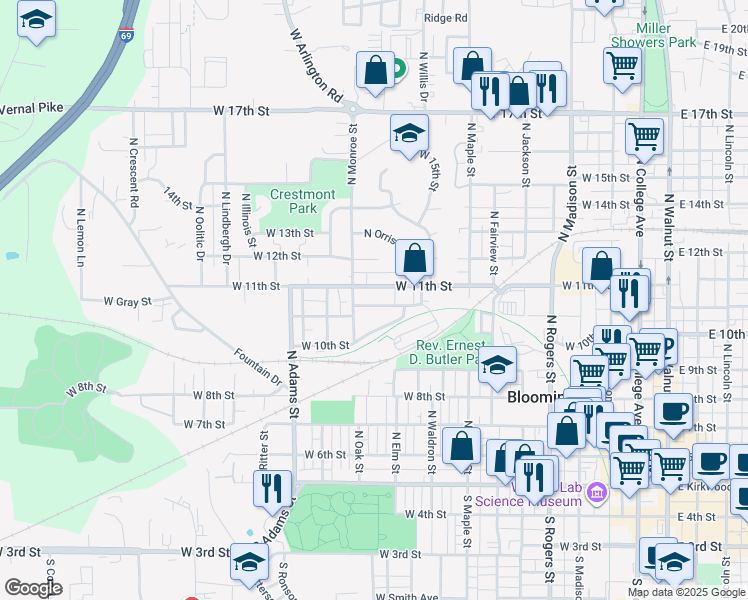 map of restaurants, bars, coffee shops, grocery stores, and more near 1001 West Cottage Grove Avenue in Bloomington