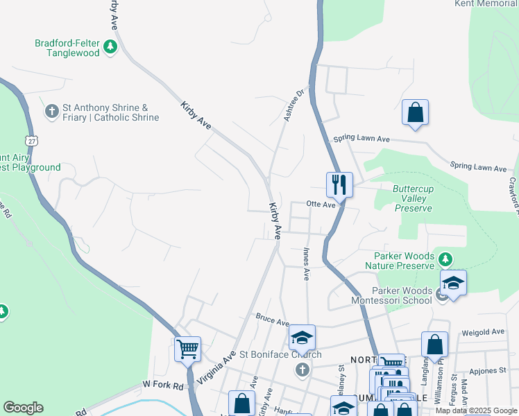 map of restaurants, bars, coffee shops, grocery stores, and more near 4547 Kirby Avenue in Cincinnati