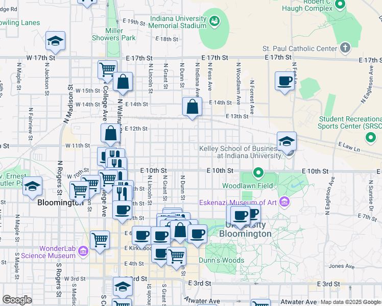 map of restaurants, bars, coffee shops, grocery stores, and more near 508 East Cottage Grove Avenue in Bloomington