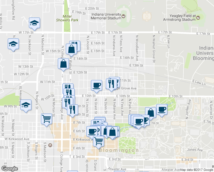 map of restaurants, bars, coffee shops, grocery stores, and more near 508 East Cottage Grove Avenue in Bloomington