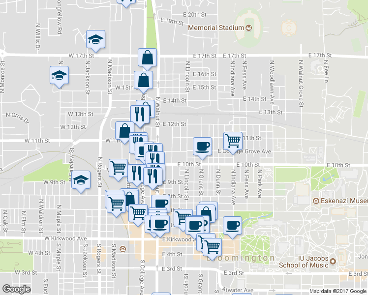 map of restaurants, bars, coffee shops, grocery stores, and more near 212 East Cottage Grove Avenue in Bloomington