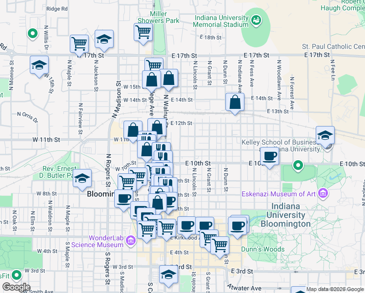 map of restaurants, bars, coffee shops, grocery stores, and more near 212 East Cottage Grove Avenue in Bloomington