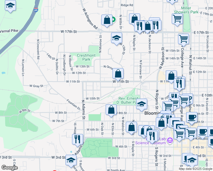 map of restaurants, bars, coffee shops, grocery stores, and more near 1001 West Cottage Grove Avenue in Bloomington