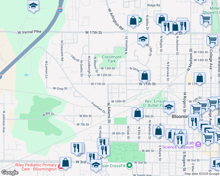 map of restaurants, bars, coffee shops, grocery stores, and more near 631-699 N Adams St in Bloomington
