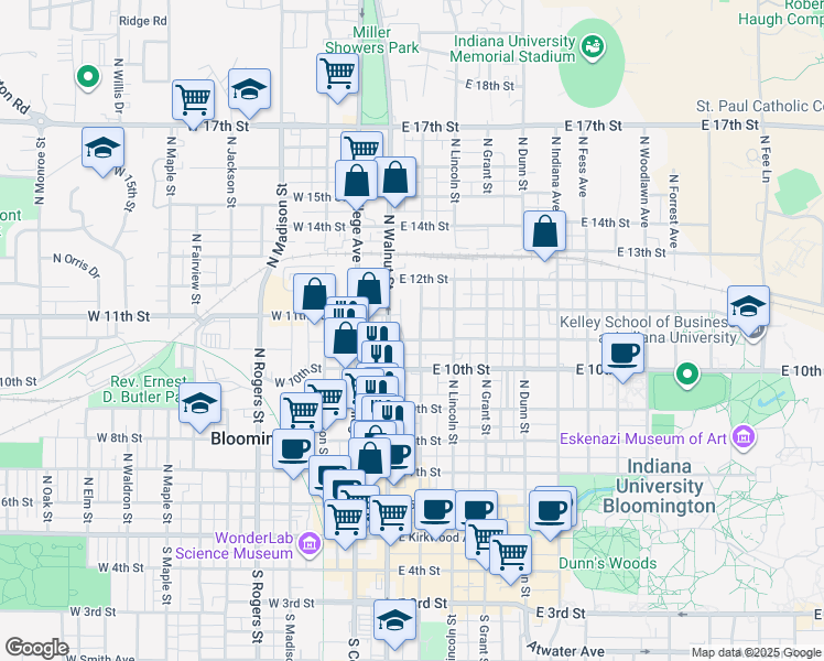map of restaurants, bars, coffee shops, grocery stores, and more near 212 East Cottage Grove Avenue in Bloomington