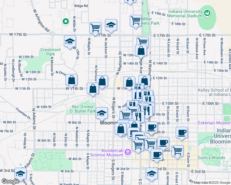 map of restaurants, bars, coffee shops, grocery stores, and more near 640 N Rogers St in Bloomington