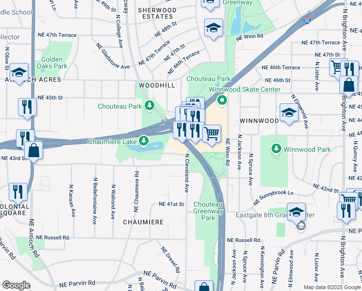 map of restaurants, bars, coffee shops, grocery stores, and more near 4400 Northeast Chouteau Trafficway in Kansas City