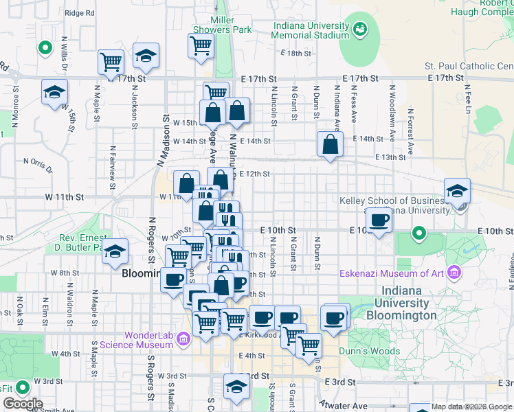 map of restaurants, bars, coffee shops, grocery stores, and more near 212 East Cottage Grove Avenue in Bloomington