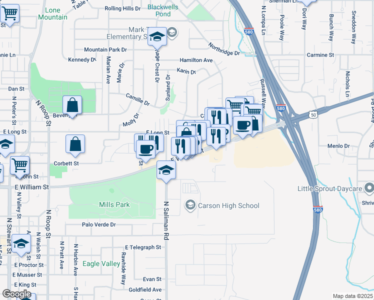 map of restaurants, bars, coffee shops, grocery stores, and more near 1621 Us Hwy 50 E in Carson City