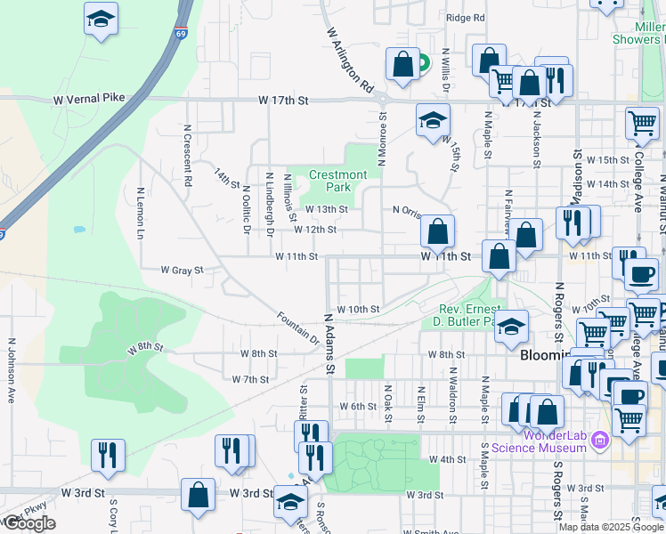 map of restaurants, bars, coffee shops, grocery stores, and more near 631-699 N Adams St in Bloomington