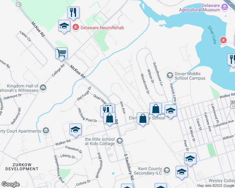 map of restaurants, bars, coffee shops, grocery stores, and more near 133 Ann Avenue in Dover