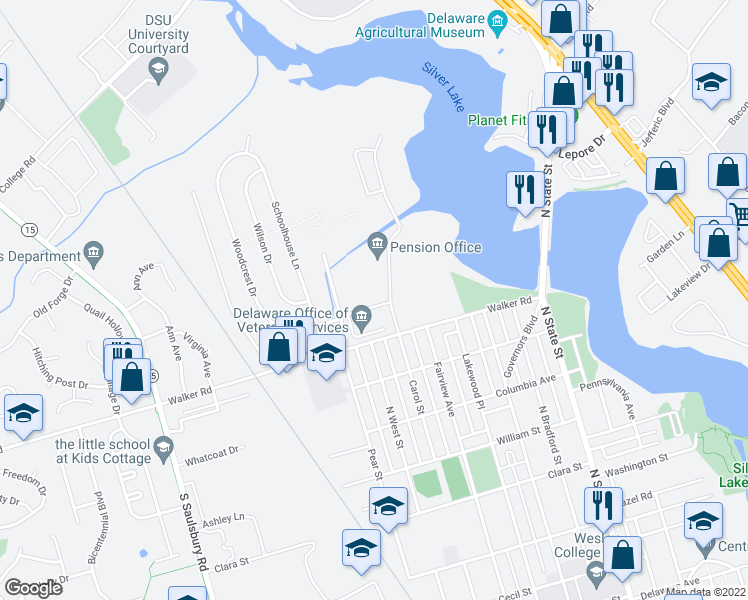 map of restaurants, bars, coffee shops, grocery stores, and more near 820 Silver Lake Boulevard in Dover