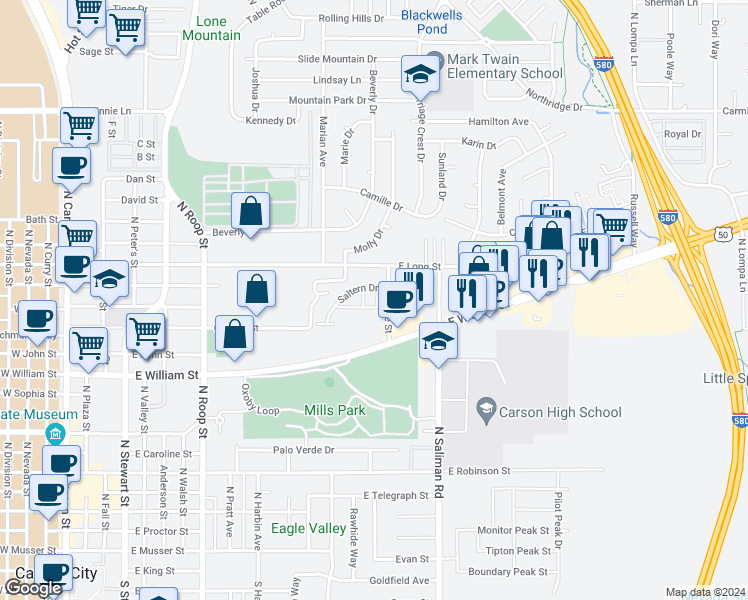 map of restaurants, bars, coffee shops, grocery stores, and more near 1350 Campagni Lane in Carson City
