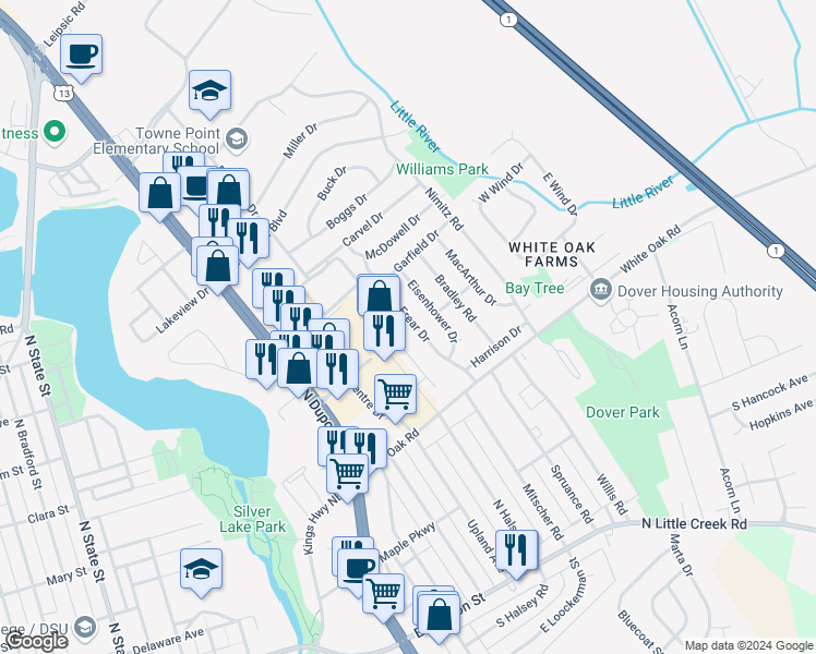 map of restaurants, bars, coffee shops, grocery stores, and more near 358 Frear Drive in Dover