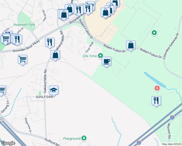 map of restaurants, bars, coffee shops, grocery stores, and more near 7230 Lee Deforest Drive in Columbia