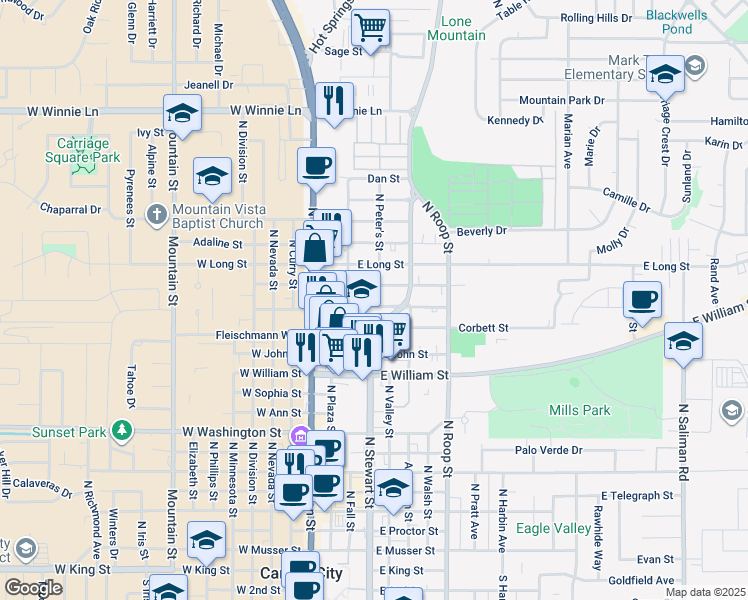 map of restaurants, bars, coffee shops, grocery stores, and more near 225 East Park Street in Carson City