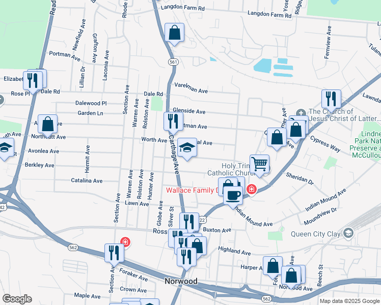 map of restaurants, bars, coffee shops, grocery stores, and more near 2146 Drex Avenue in Cincinnati