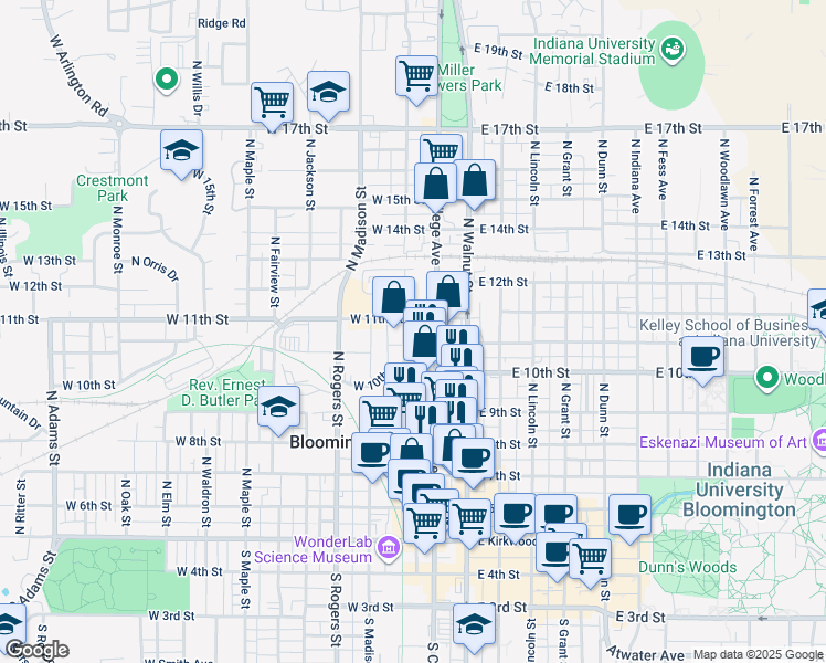map of restaurants, bars, coffee shops, grocery stores, and more near 629 North College Avenue in Bloomington