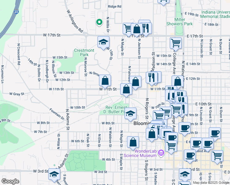 map of restaurants, bars, coffee shops, grocery stores, and more near 633 North Maple Street in Bloomington