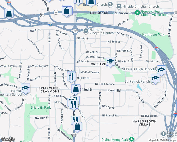 map of restaurants, bars, coffee shops, grocery stores, and more near 532 Northeast 43rd Terrace in Kansas City