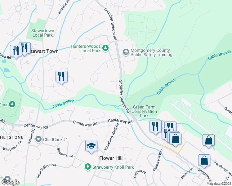 map of restaurants, bars, coffee shops, grocery stores, and more near 19521 Ridge Heights Drive in Gaithersburg