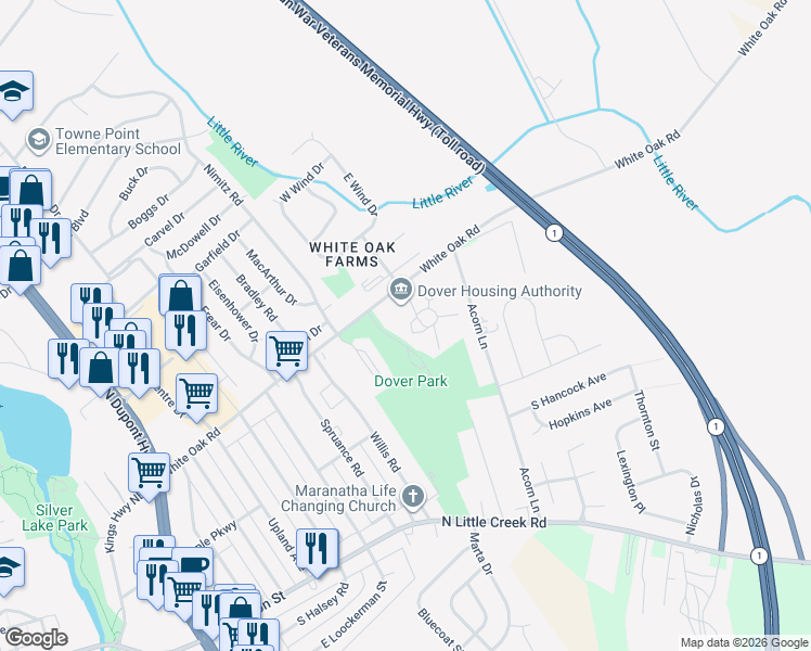 map of restaurants, bars, coffee shops, grocery stores, and more near 75 Stevenson Drive in Dover