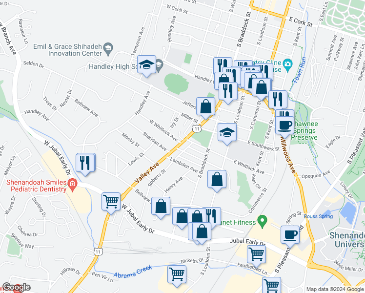map of restaurants, bars, coffee shops, grocery stores, and more near 1412 Valley Avenue in Winchester