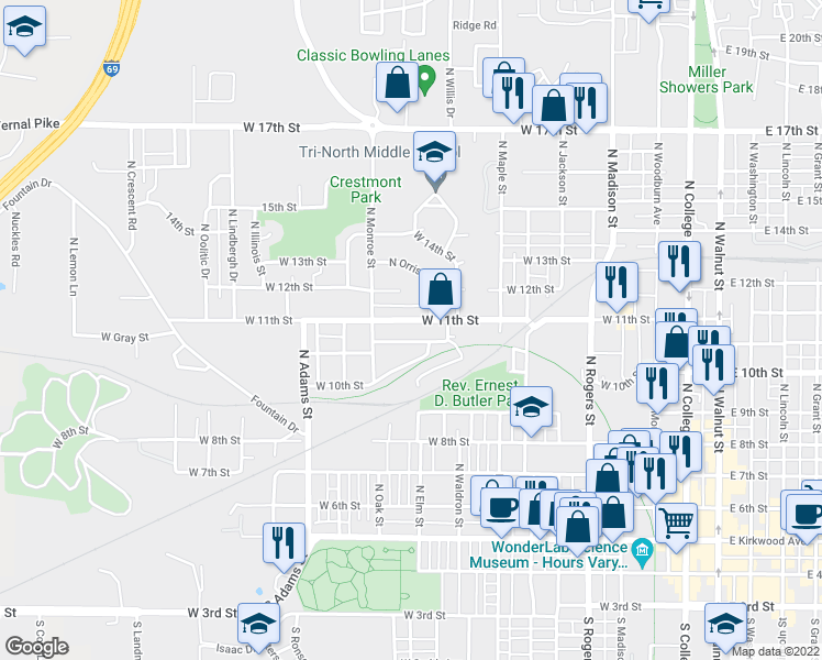 map of restaurants, bars, coffee shops, grocery stores, and more near 1001 West Cottage Grove Avenue in Bloomington
